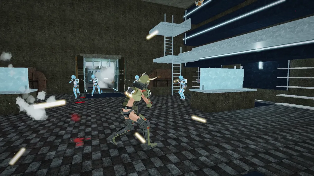 A disc launcher firefight on the checkered floor of the cube.