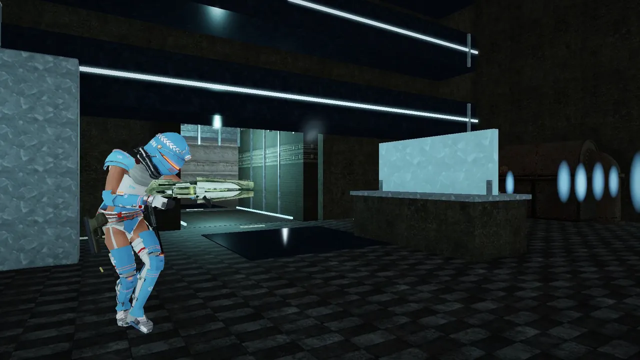 A figure in the blue Mandate suit, energy rifle raised, in the cube.