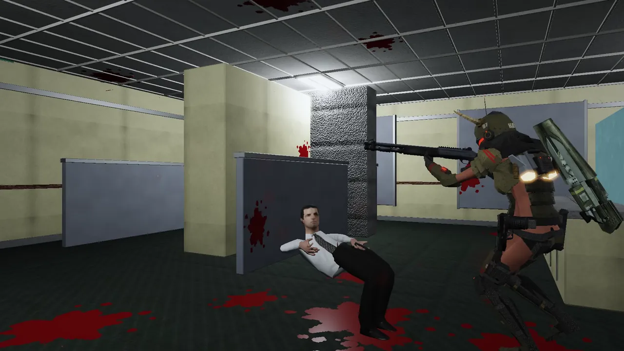 A manager in a red shirt caught in a shotgun blast among the cubicles.