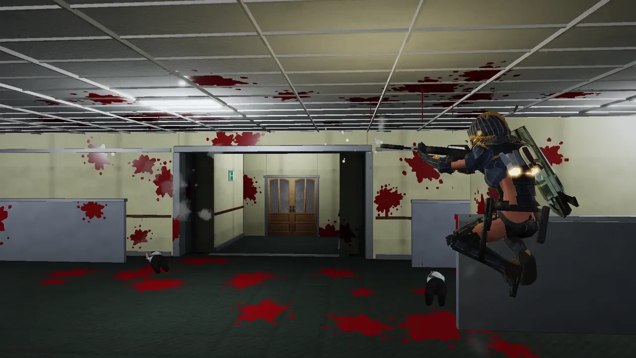 An armoured player firing across a blood-spattered office.