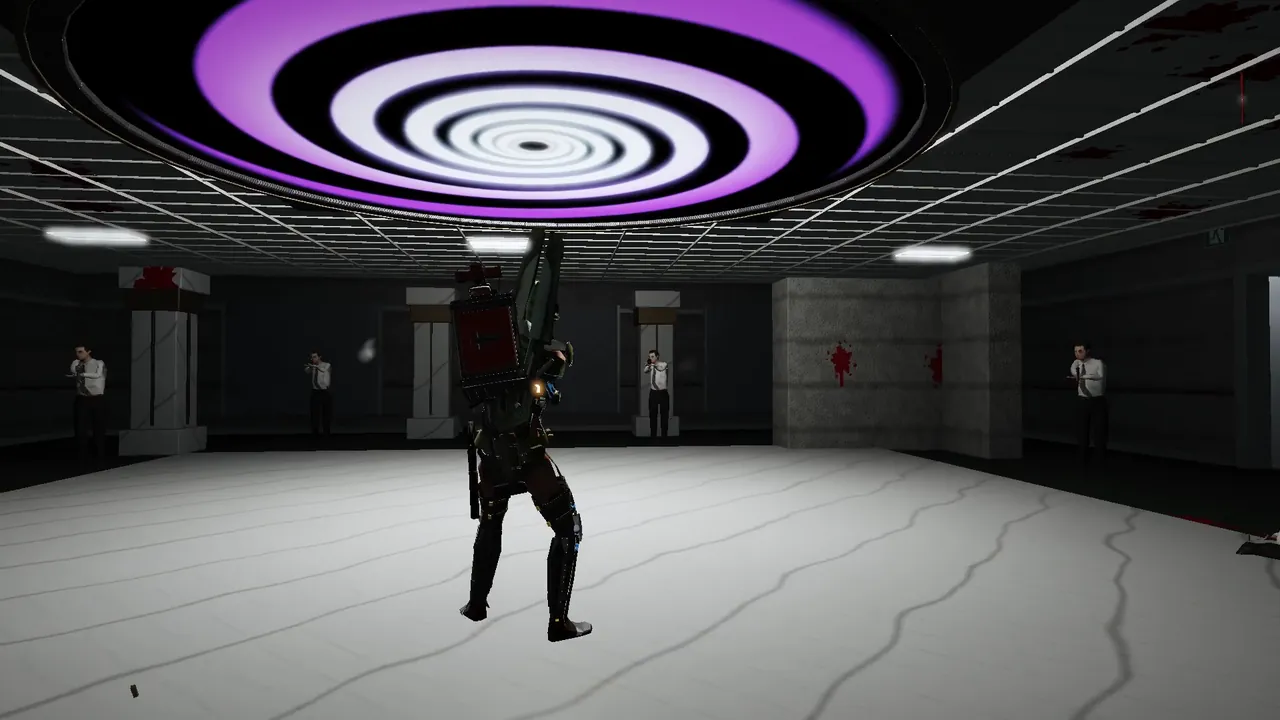 Akimbo pistols under a hypnotic spiral ceiling.