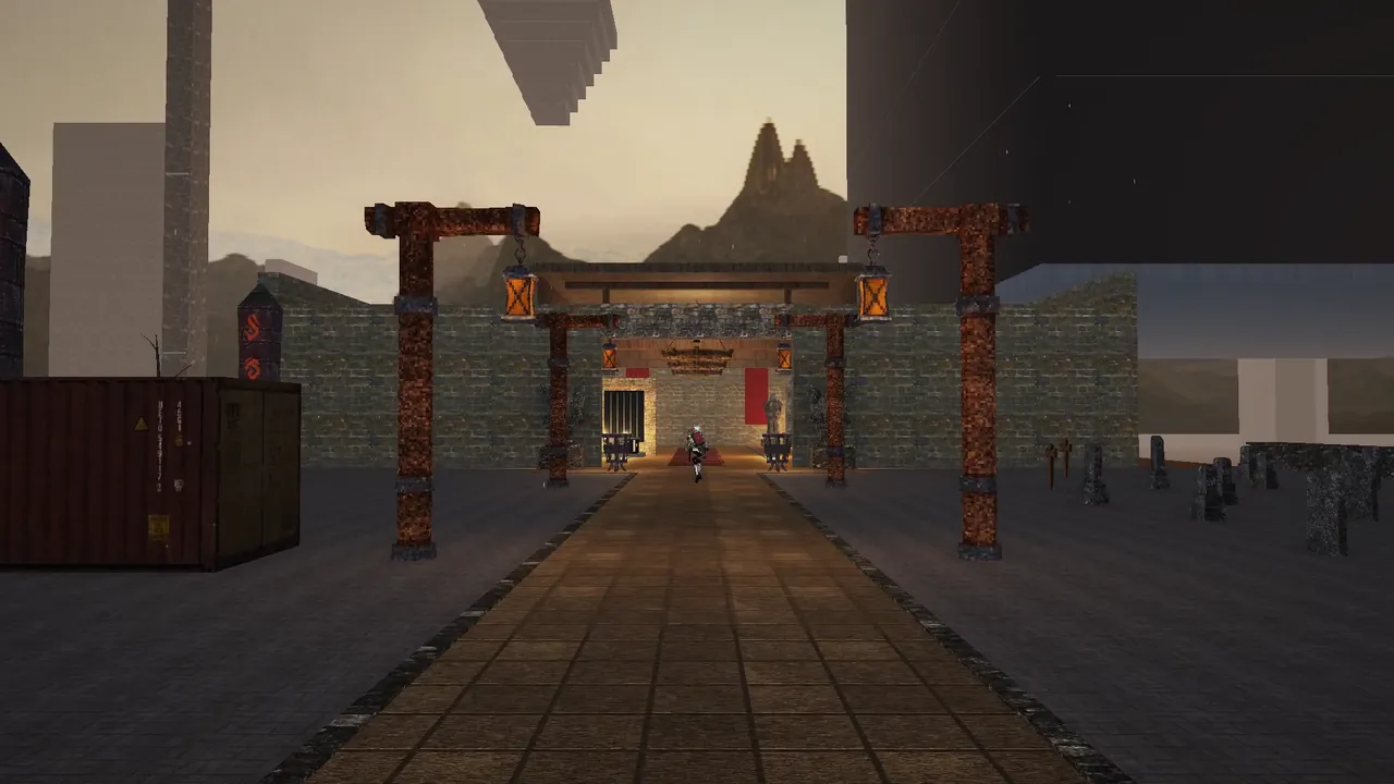 The sanctuary court at dusk, lanterns hanging from rusted gates.